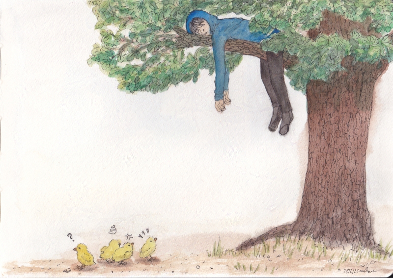 man sleeping in a tree, chicks excited below 